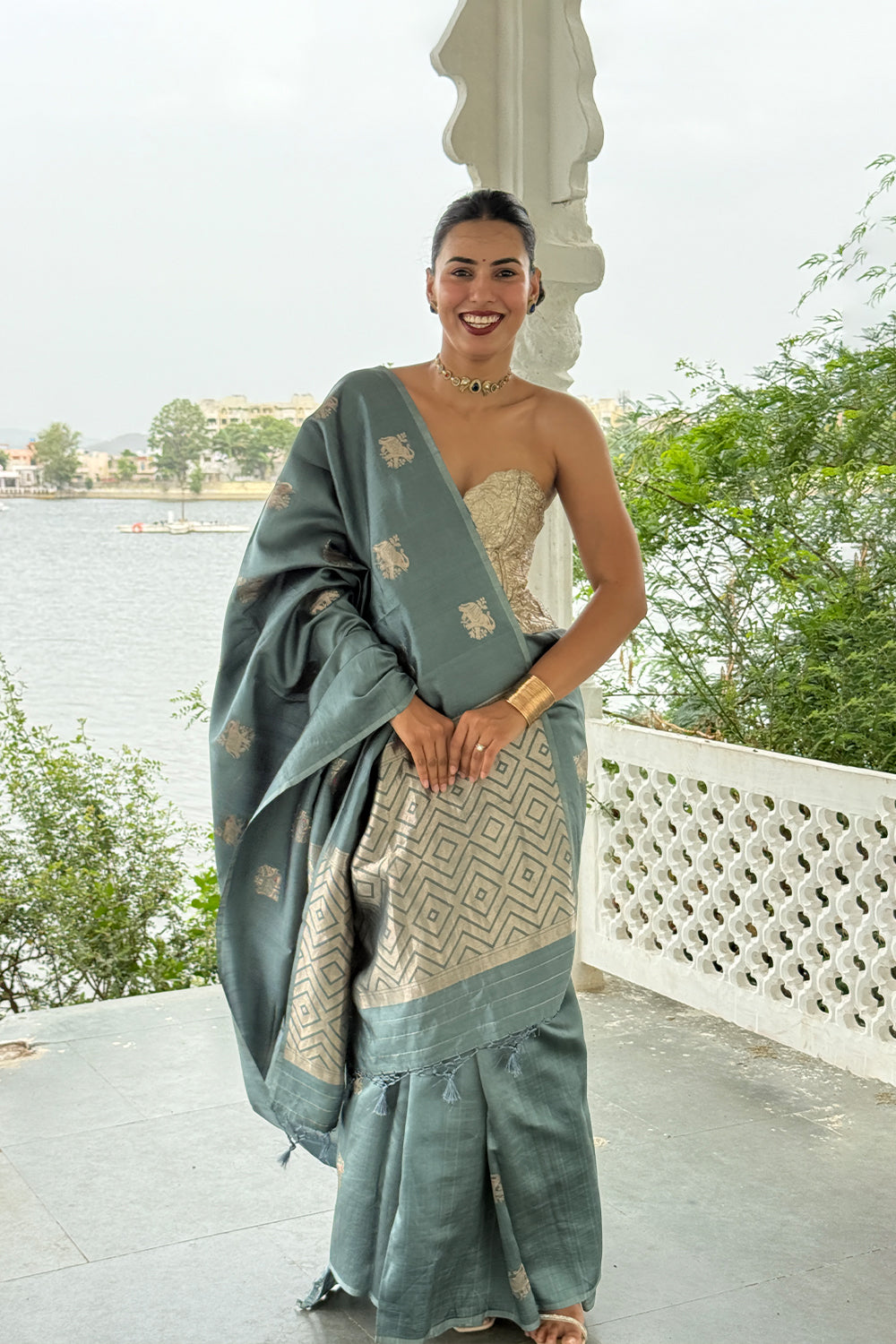Handwoven Slate-Teal Katan Silk Saree with Kadwa Elephant Motifs