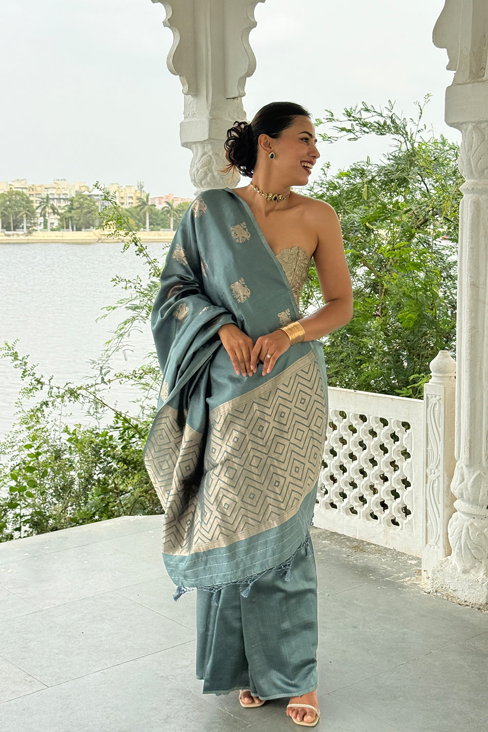 Handwoven Slate-Teal Katan Silk Saree with Kadwa Elephant Motifs