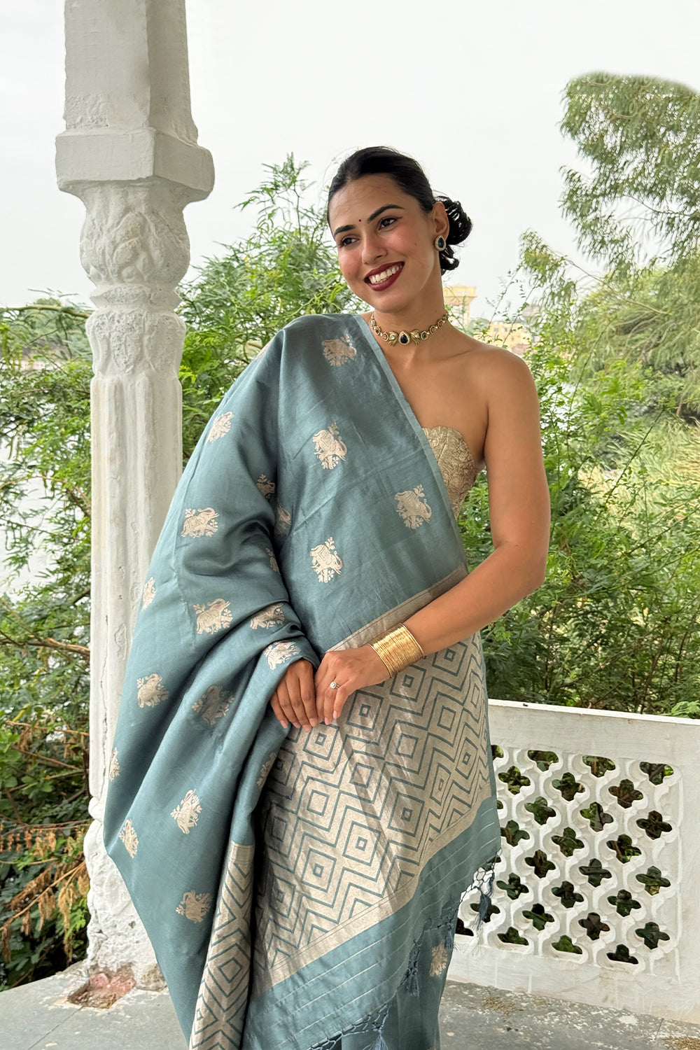 Handwoven Slate-Teal Katan Silk Saree with Kadwa Elephant Motifs