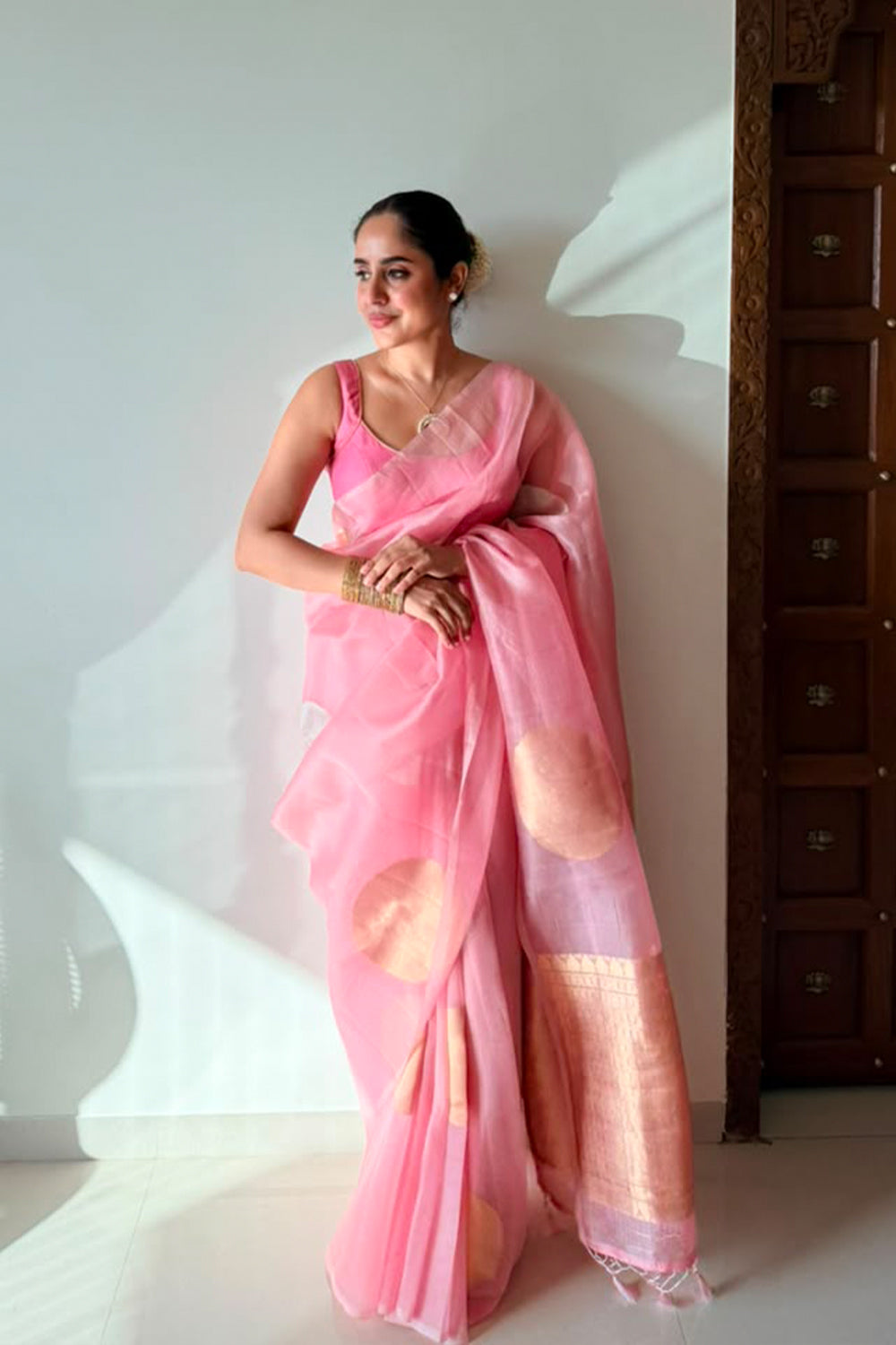 Handwoven Soft Pink Kora Organza Saree with Bold Gold Butas