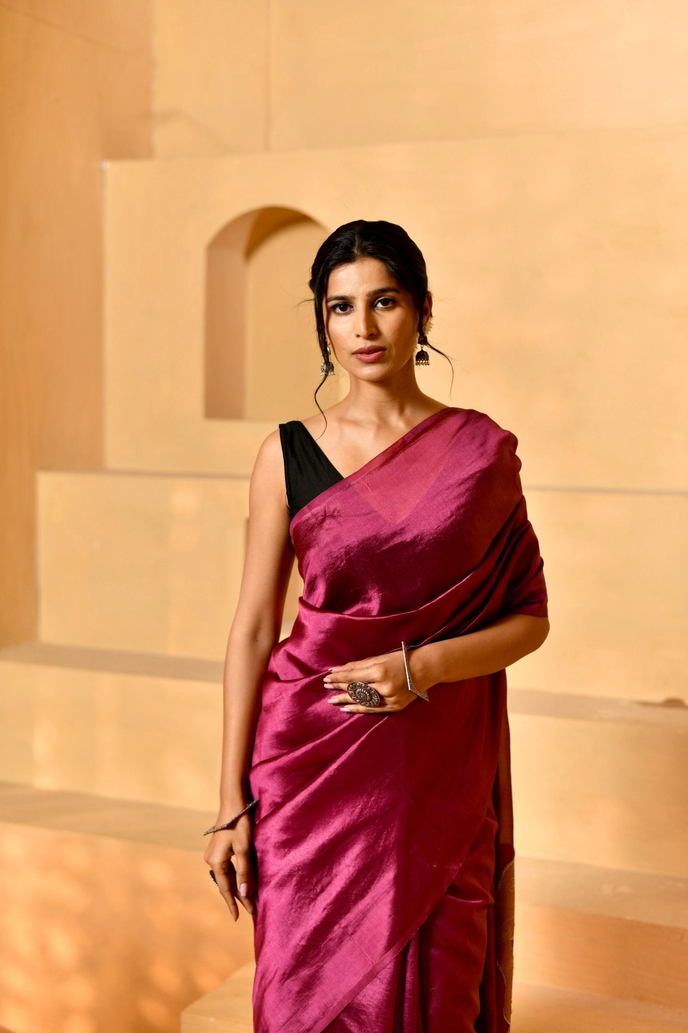 Burgundy Katan Organza Silk with Elephant Motif Pallu - Banarasiya