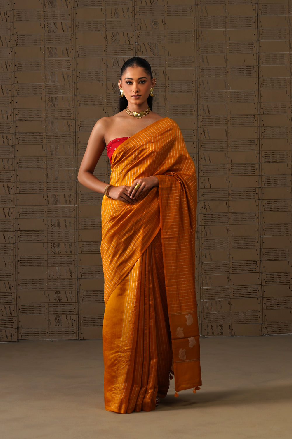 Handwoven Mustard Striped Katan Silk Saree