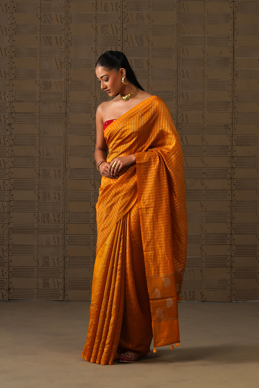 Handwoven Mustard Striped Katan Silk Saree