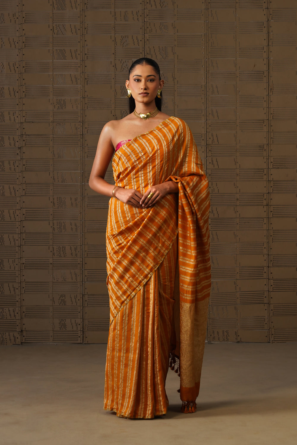 Mustard Yellow Striped Tissue Moonga Silk Saree