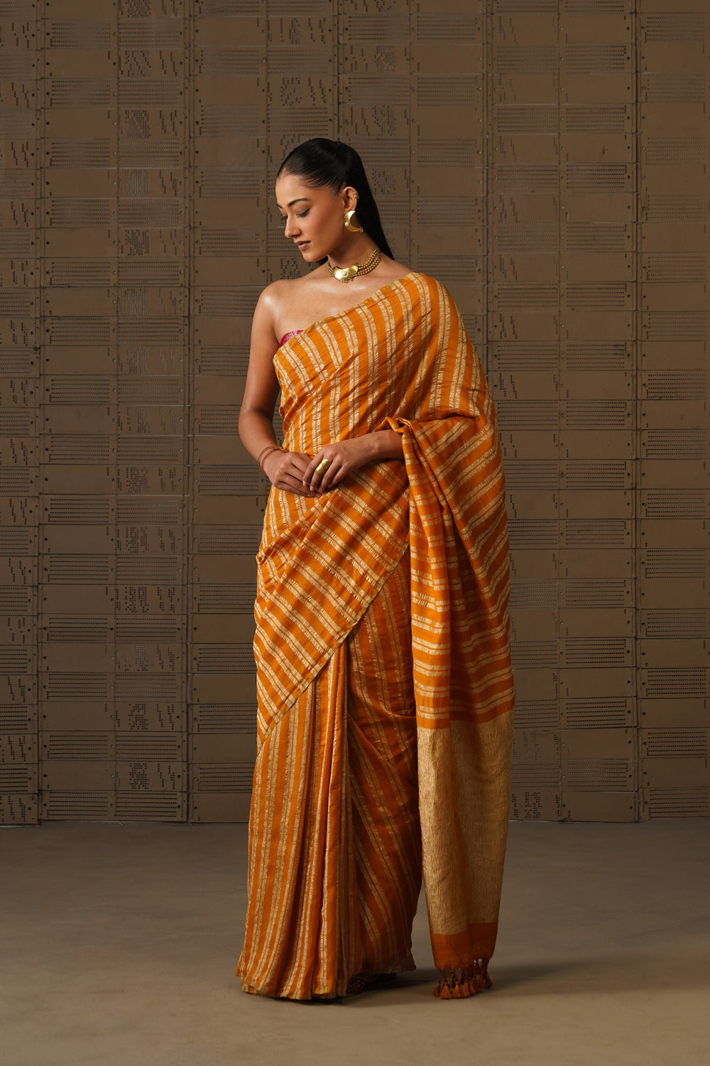 Mustard Yellow Striped Tissue Moonga Silk Saree
