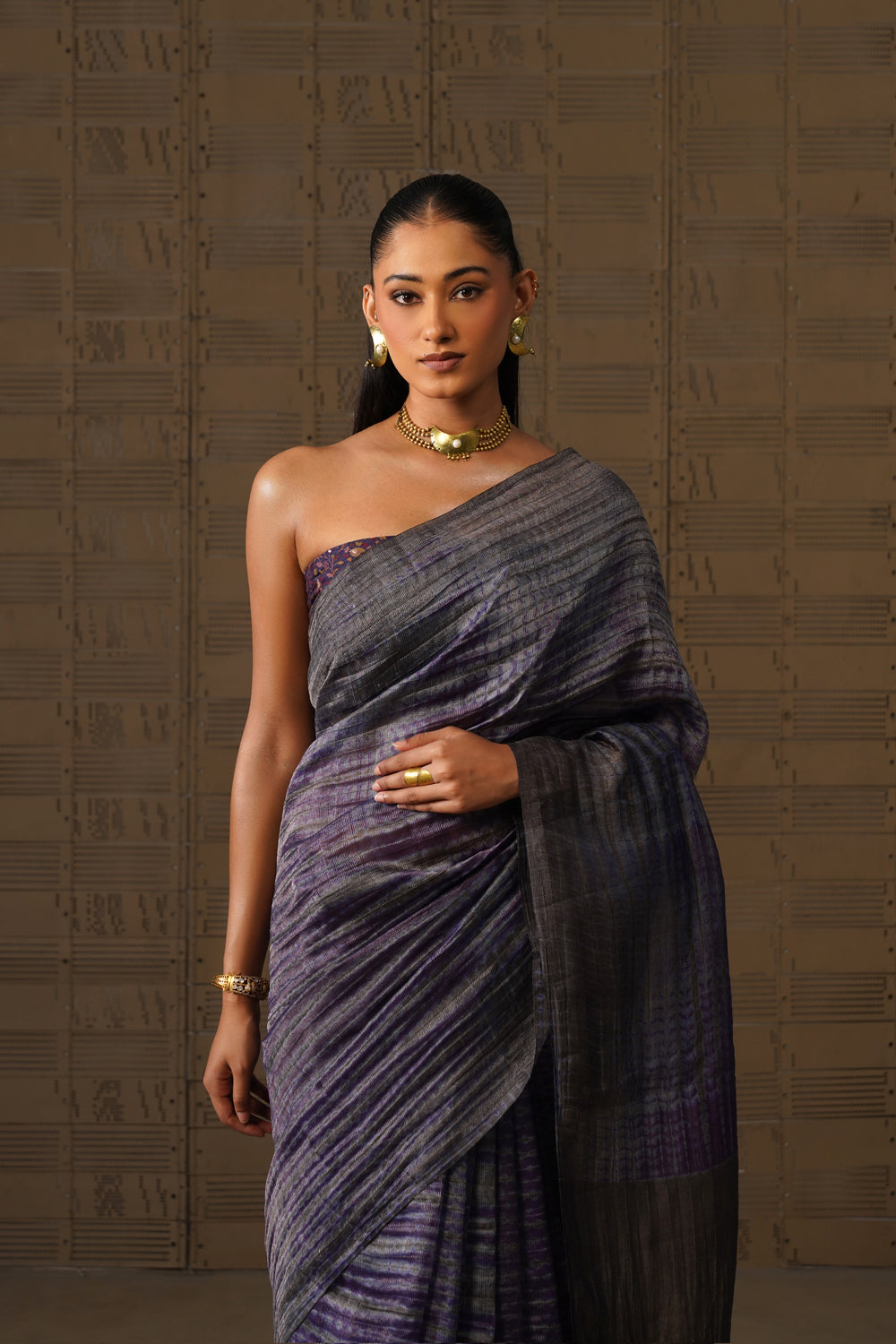 Charcoal Purple Shibori Tissue Silk Saree