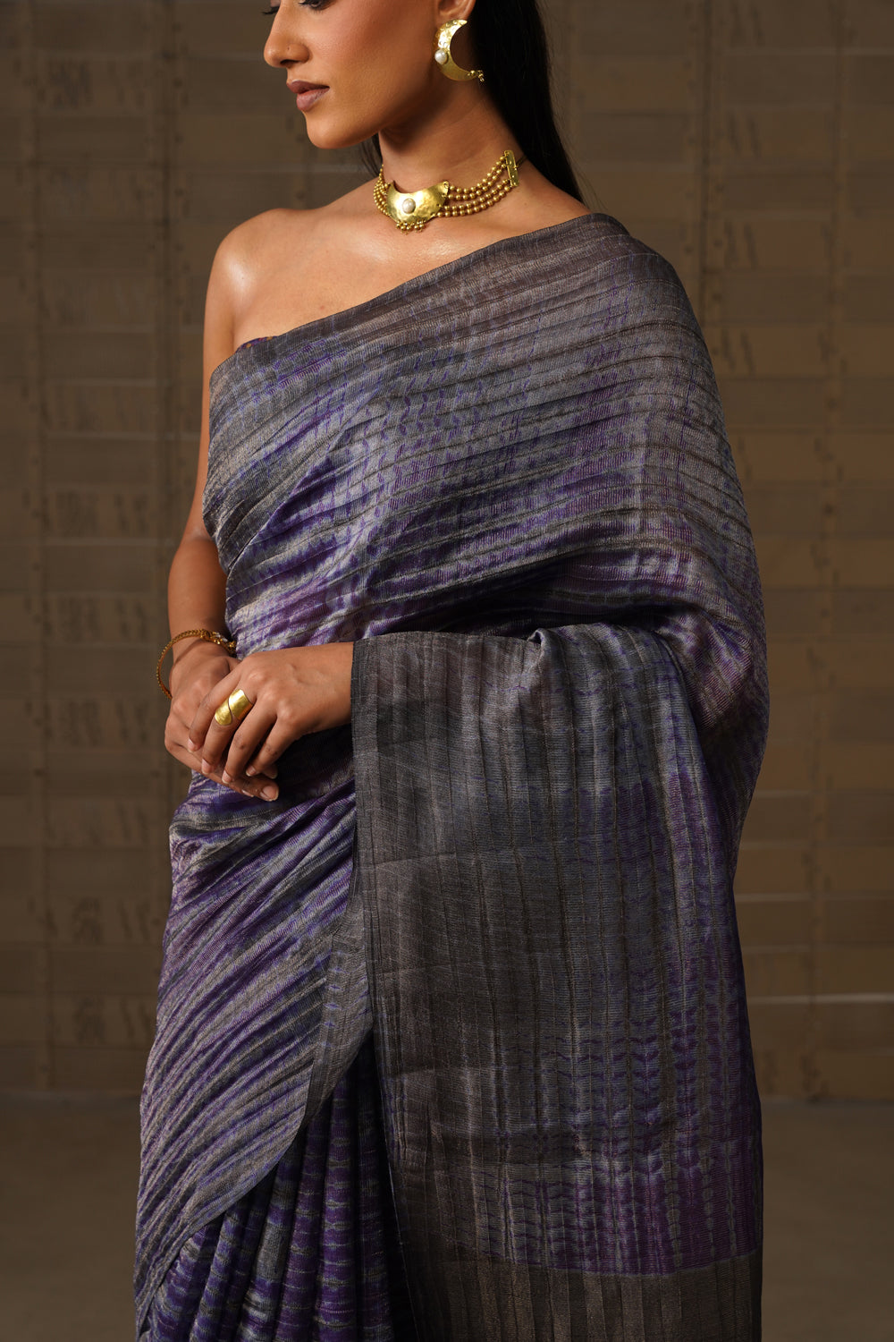 Charcoal Purple Shibori Tissue Silk Saree