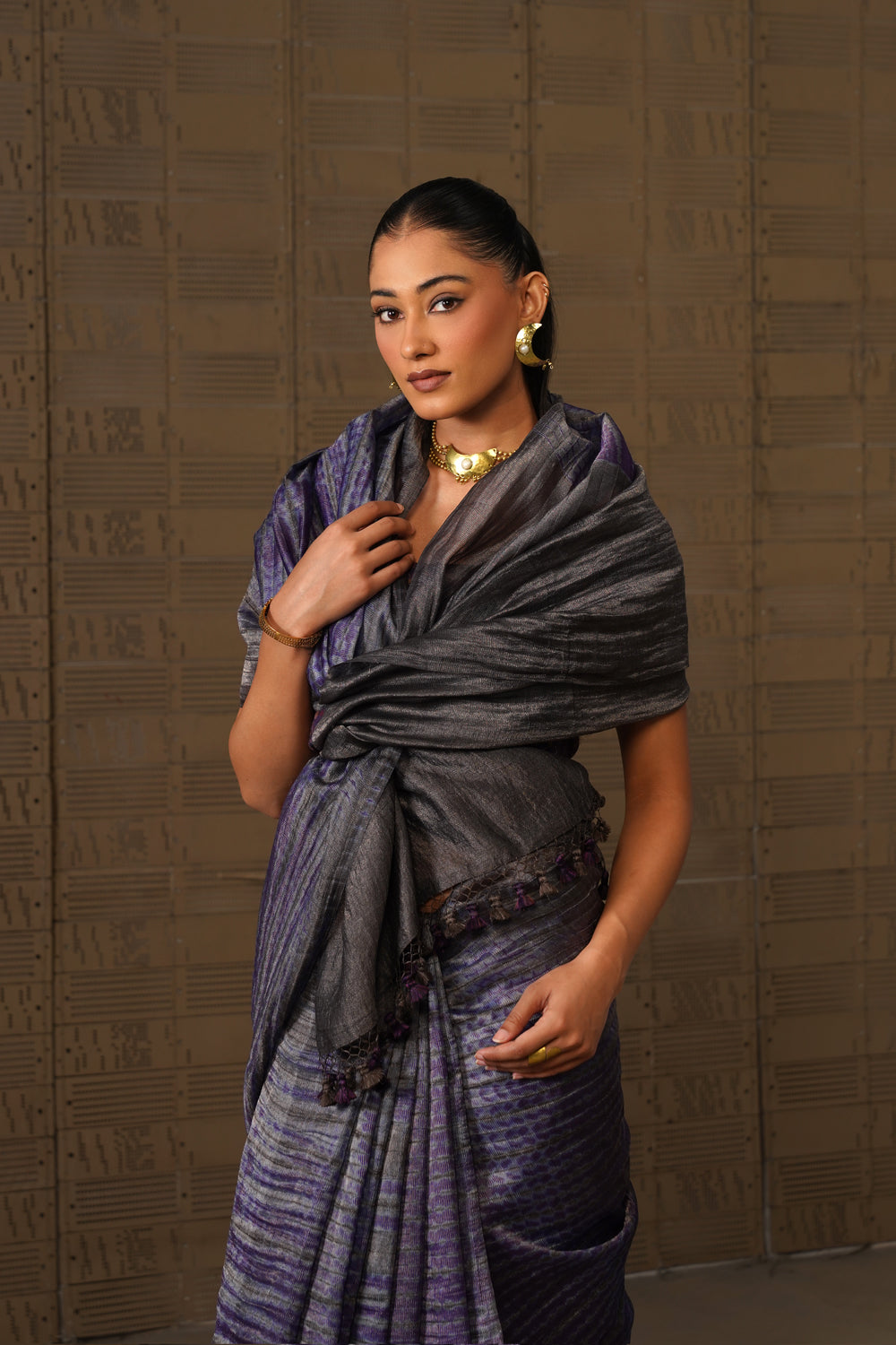 Charcoal Purple Shibori Tissue Silk Saree