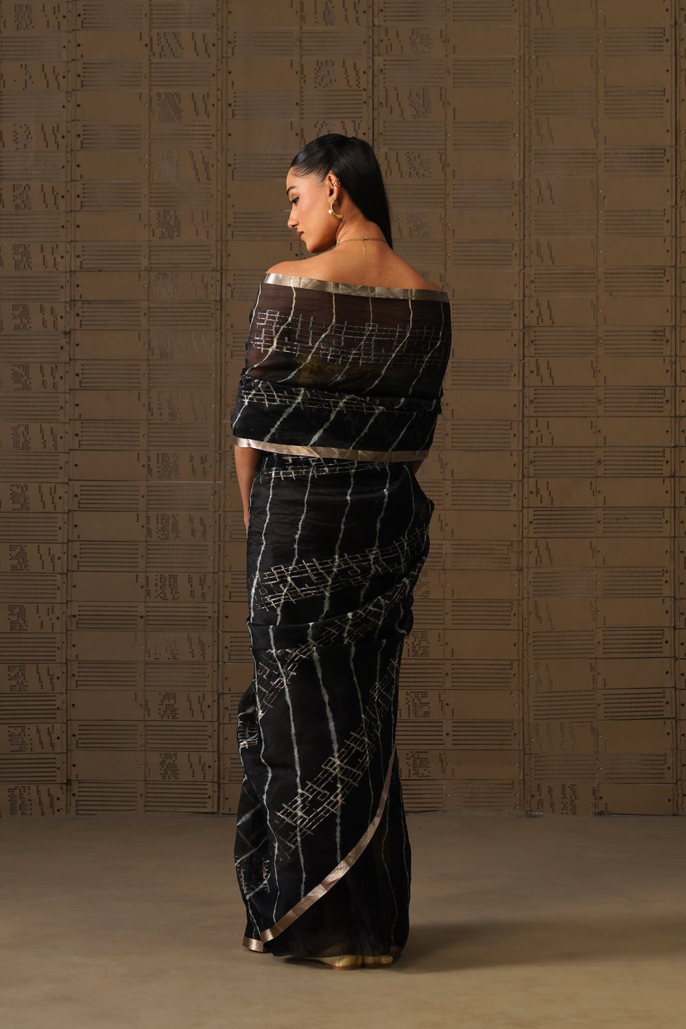 Black Geometric Leheriya Kora Organza Saree