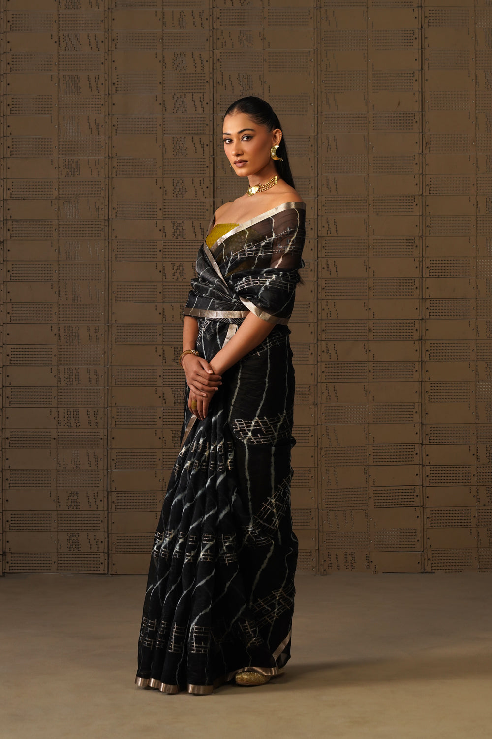 Black Geometric Leheriya Kora Organza Saree