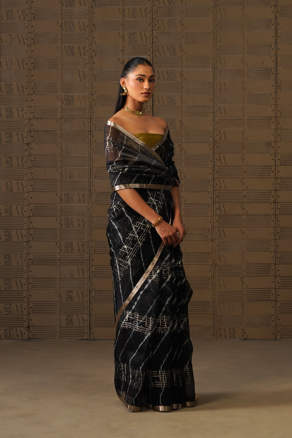 Black Geometric Leheriya Kora Organza Saree