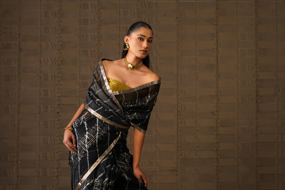 Black Geometric Leheriya Kora Organza Saree