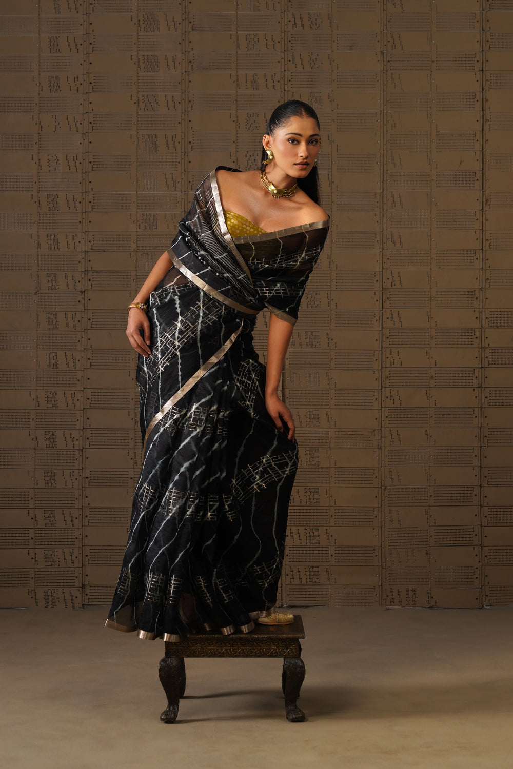 Black Geometric Leheriya Kora Organza Saree