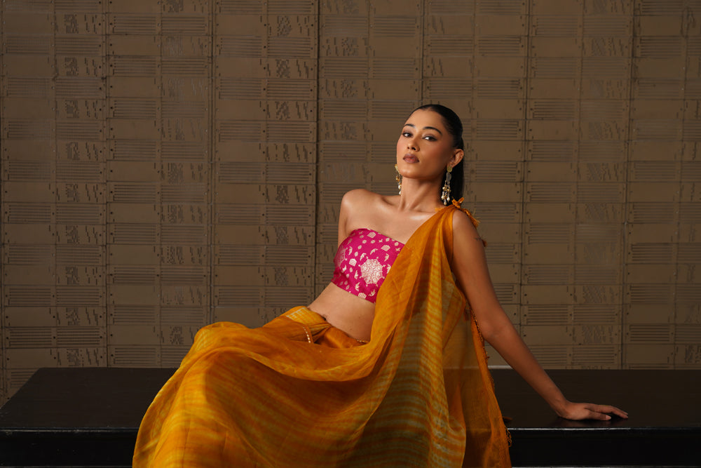 Mustard Shibori Kora Organza Saree