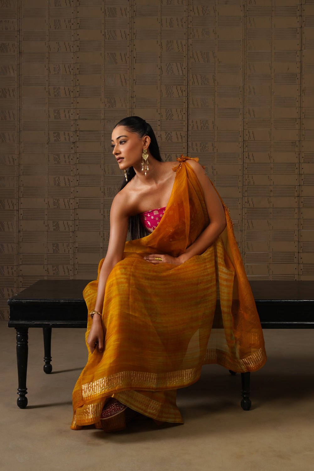 Mustard Shibori Kora Organza Saree