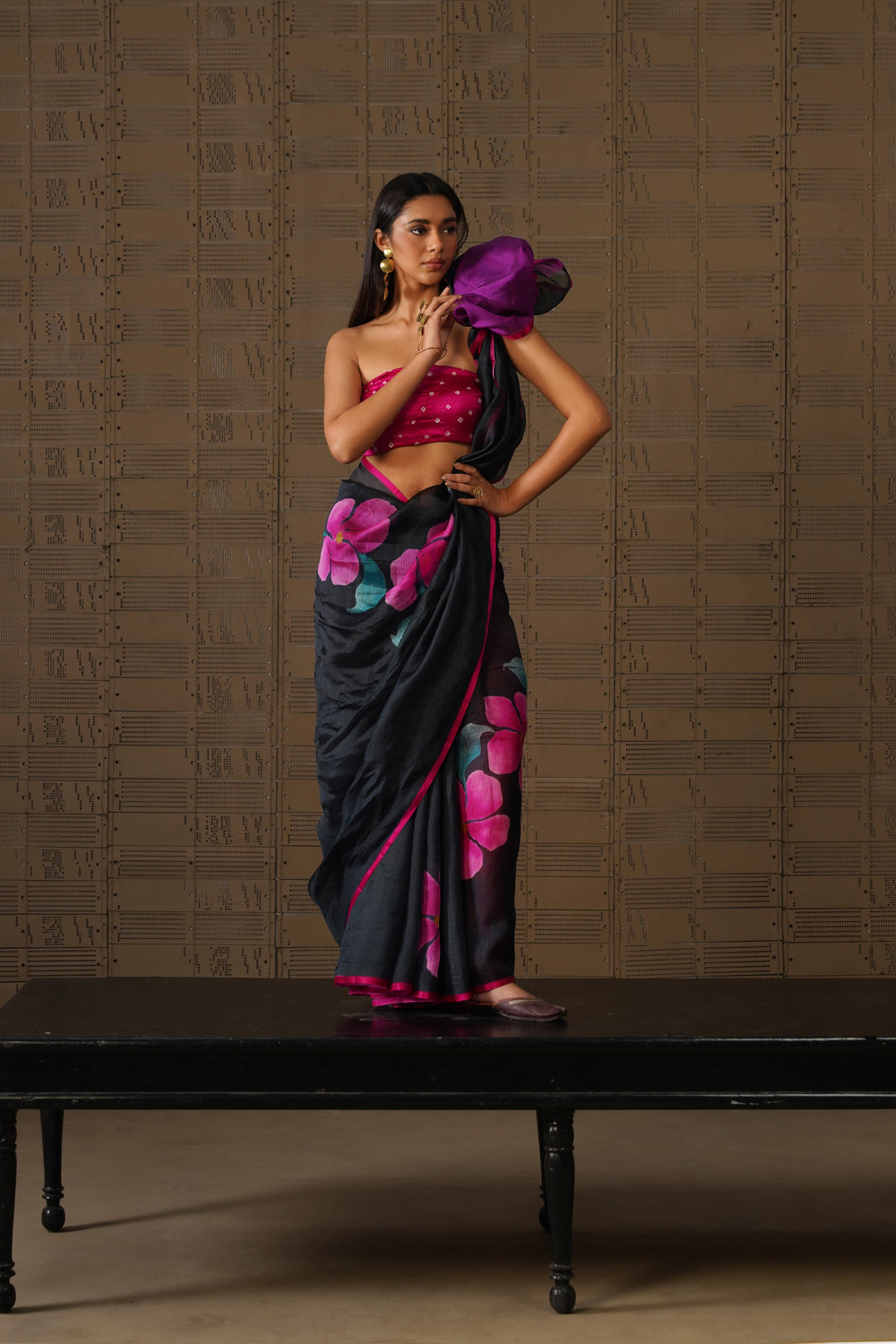 Black Floral Painted Silk Kota Saree