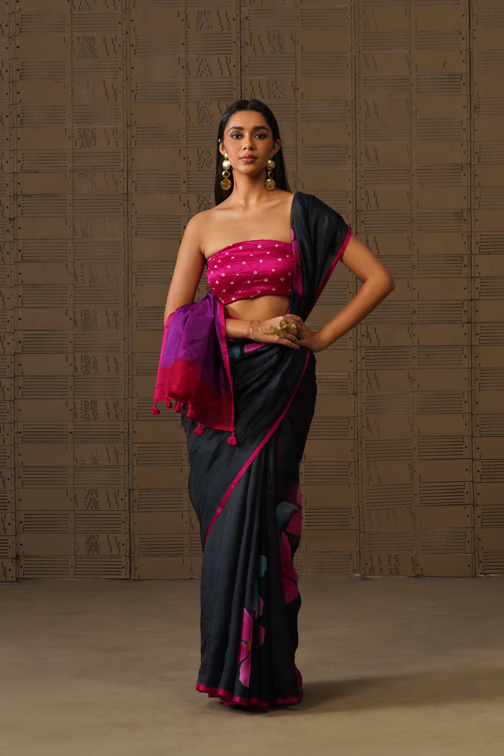 Black Floral Painted Silk Kota Saree