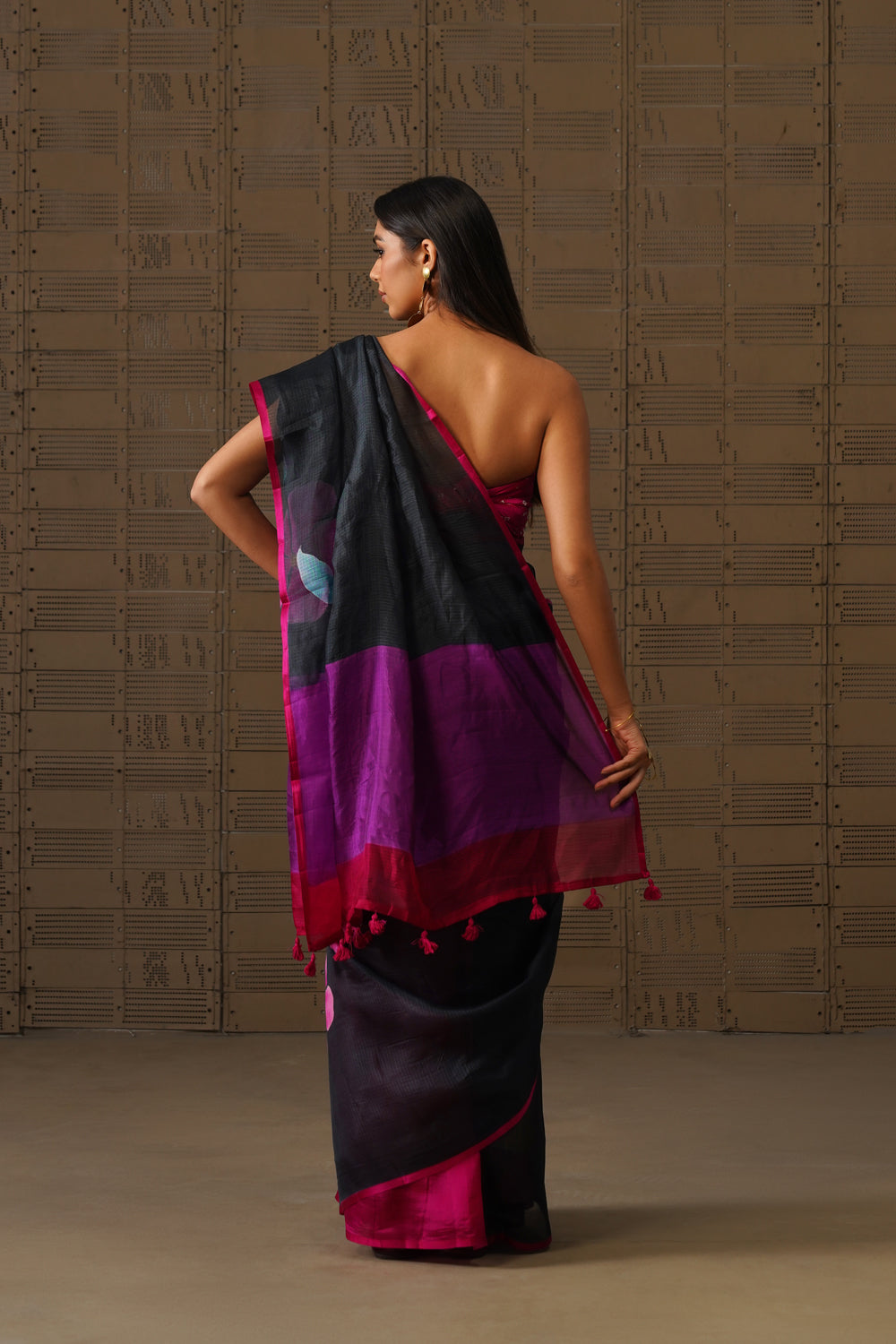 Black Floral Painted Silk Kota Saree