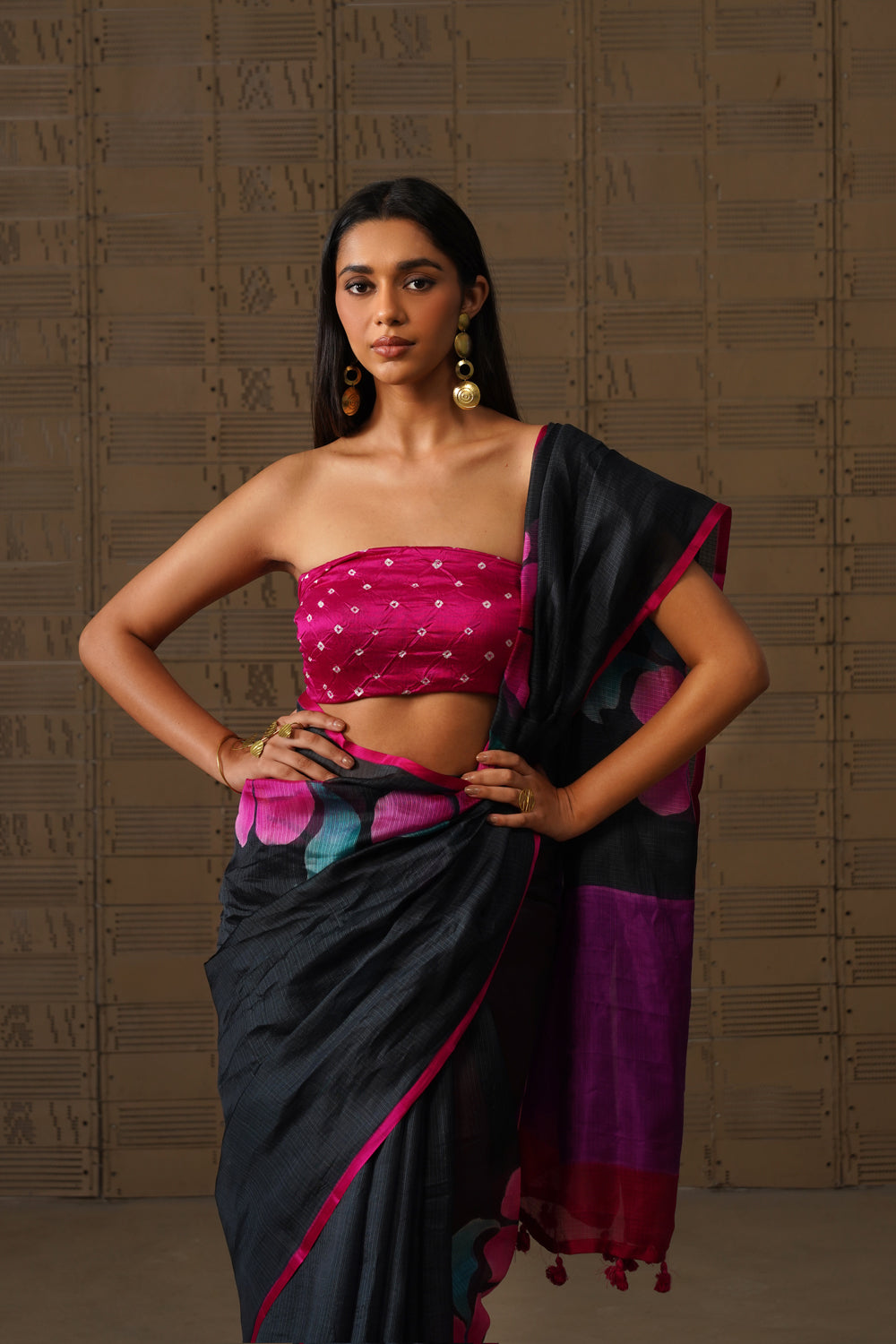 Black Floral Painted Silk Kota Saree