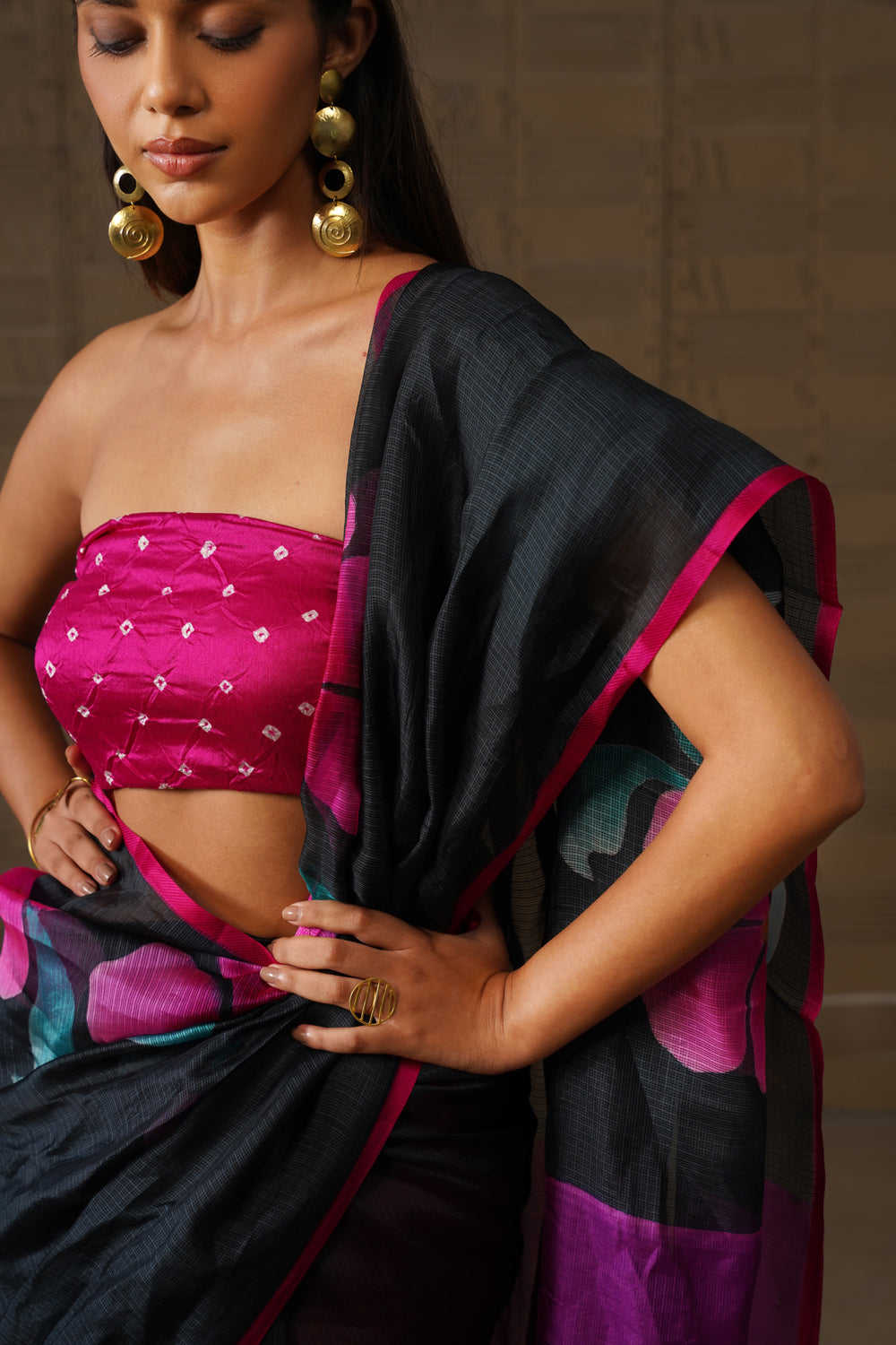 Black Floral Painted Silk Kota Saree