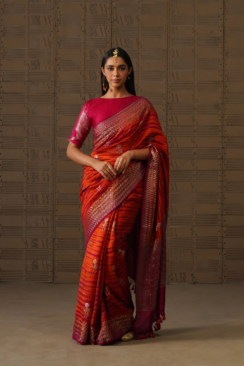 Orange Pink Shibori Silk Saree