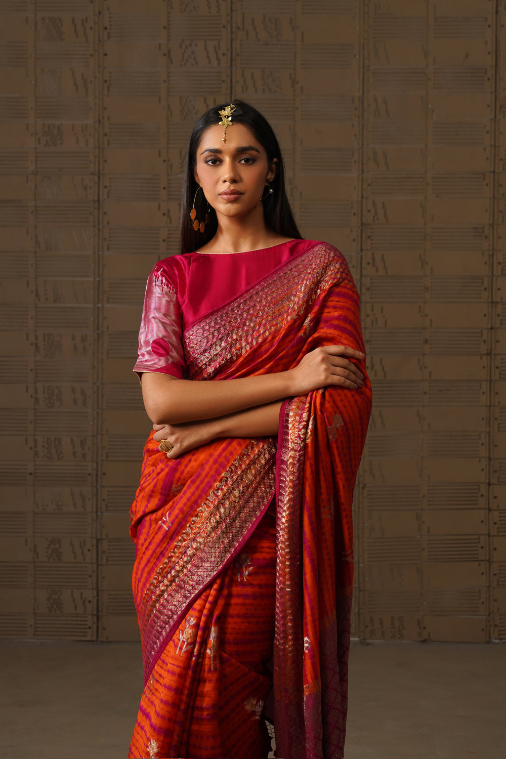 Orange Pink Shibori Silk Saree
