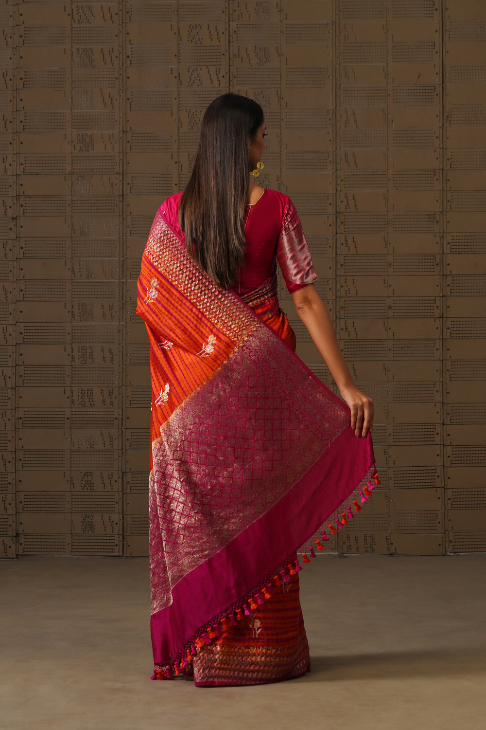 Orange Pink Shibori Silk Saree