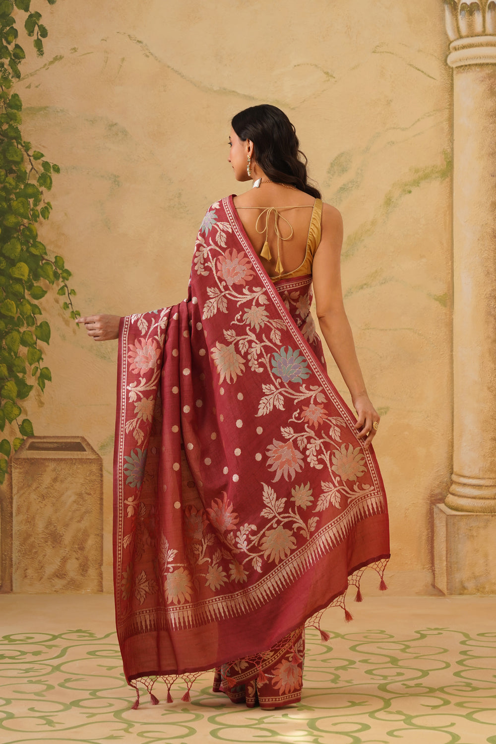 Handwoven Oxyblood Tussar Khaddi Saree with Floral Jaal