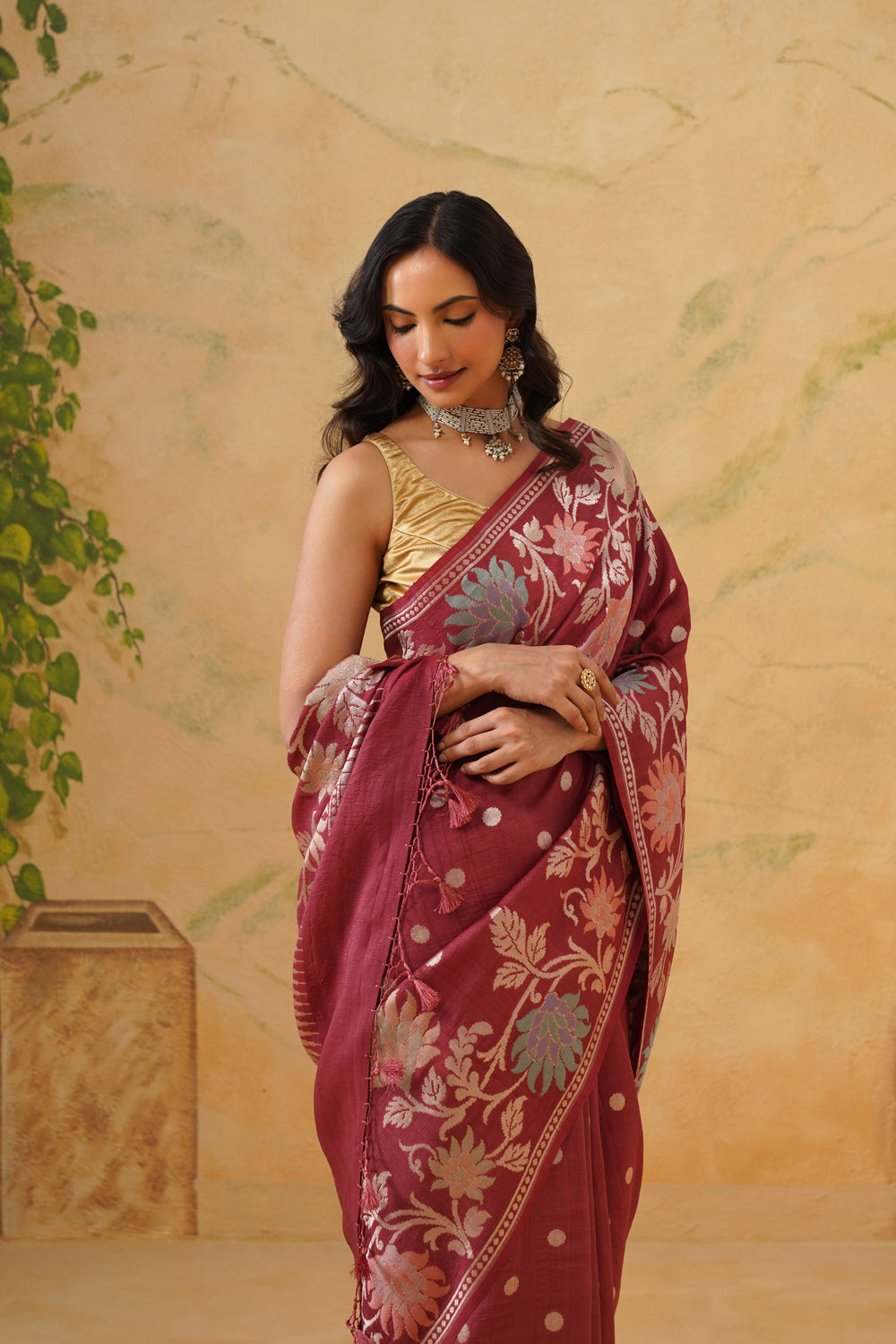 Handwoven Oxyblood Tussar Khaddi Saree with Floral Jaal