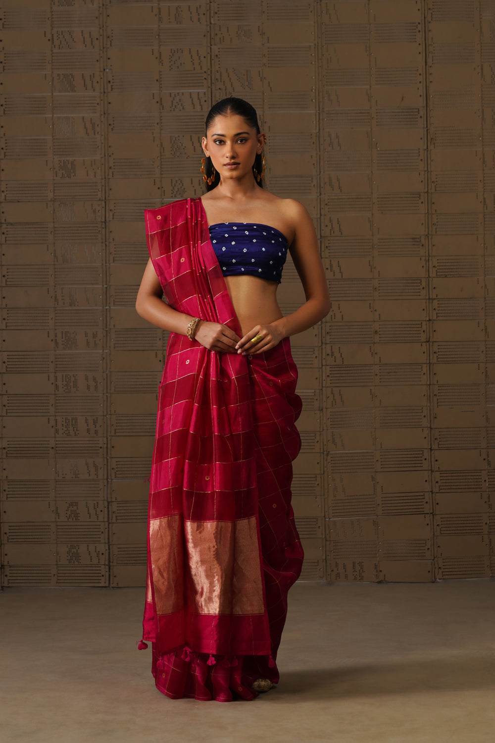 Rani Pink Striped Organza Katan Saree
