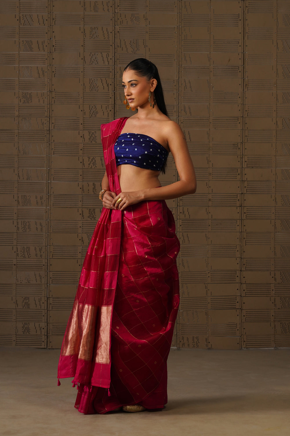 Rani Pink Striped Organza Katan Saree