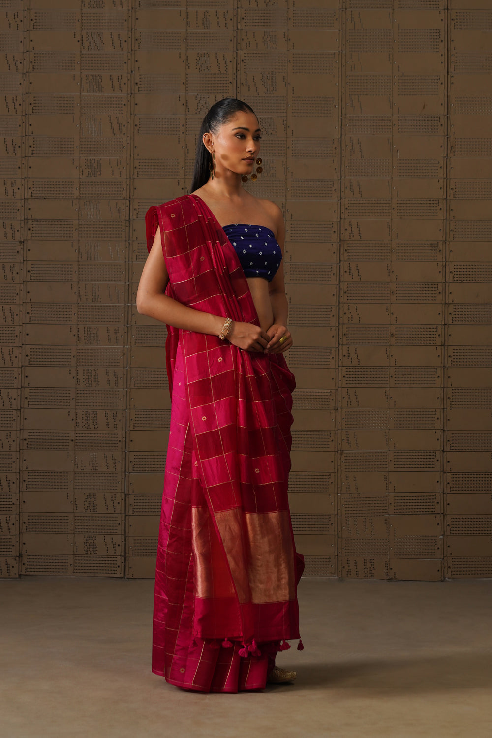Rani Pink Striped Organza Katan Saree