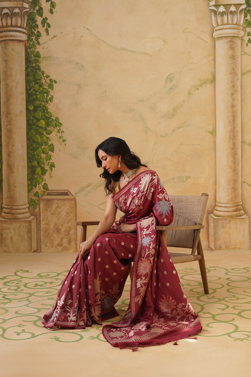 Handwoven Oxyblood Tussar Khaddi Saree with Floral Jaal