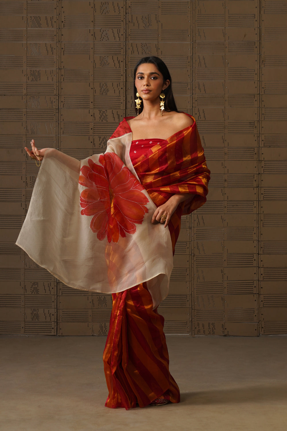 Red Striped Tissue Saree with Floral Organza Pallu