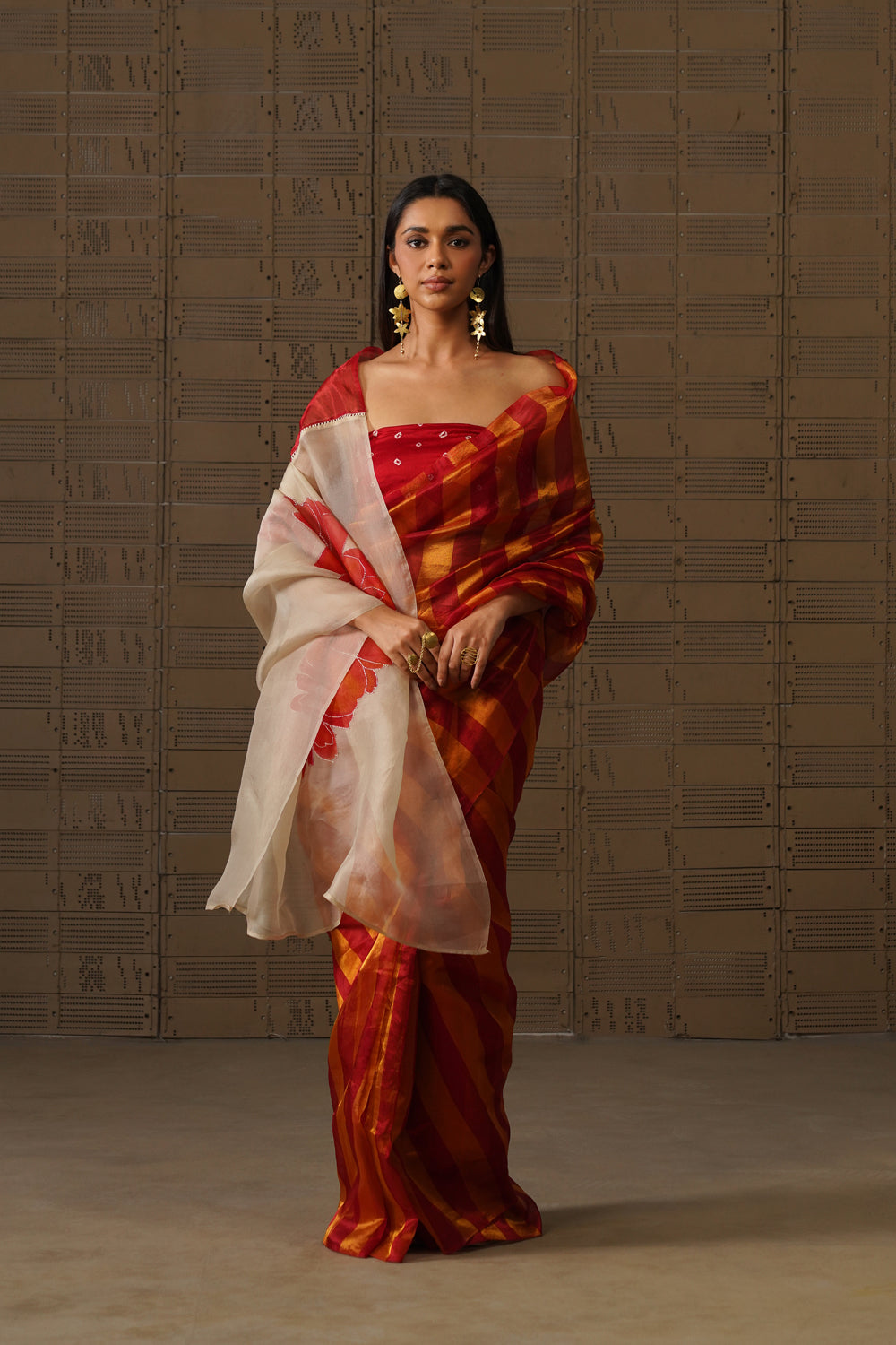 Red Striped Tissue Saree with Floral Organza Pallu