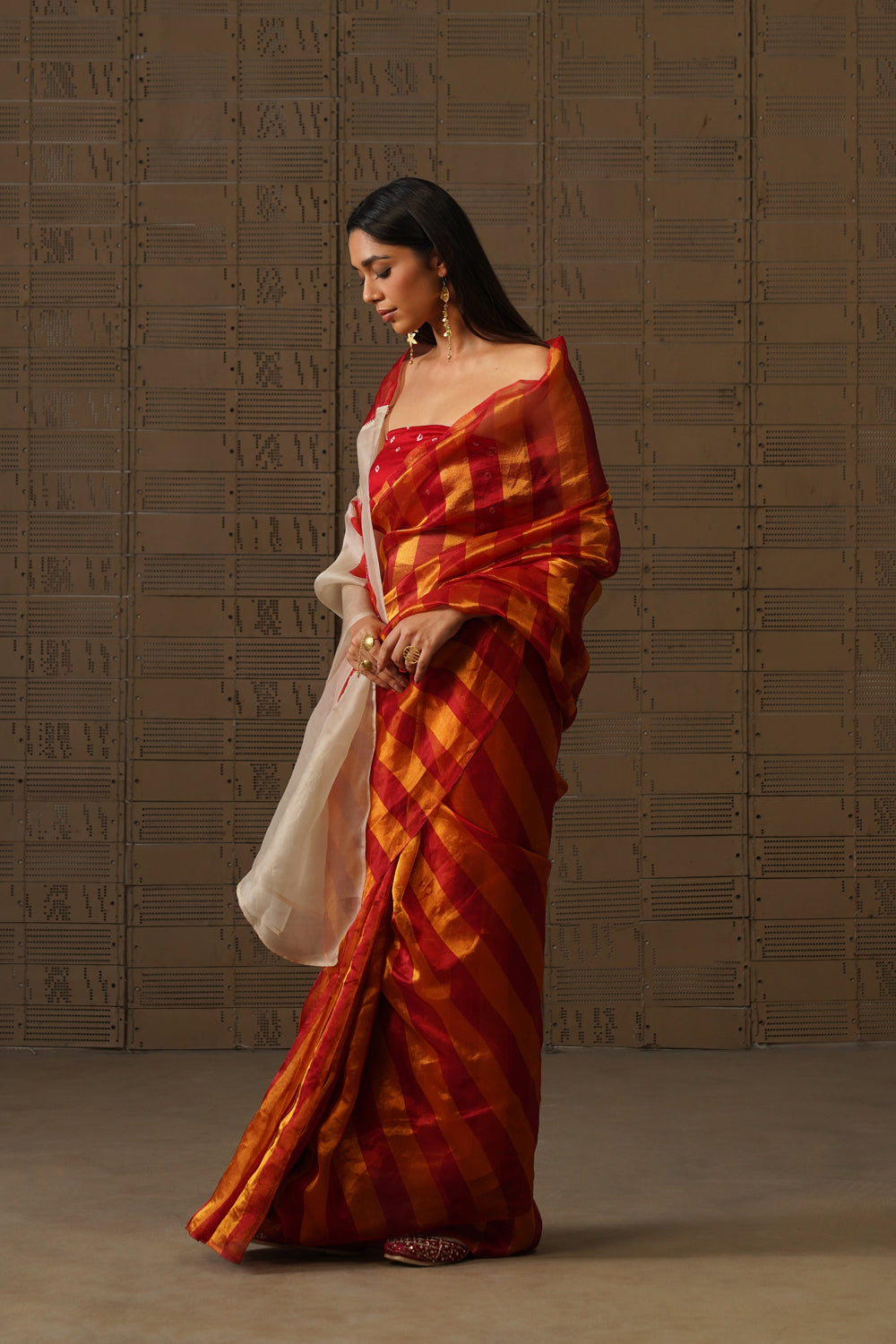 Red Striped Tissue Saree with Floral Organza Pallu