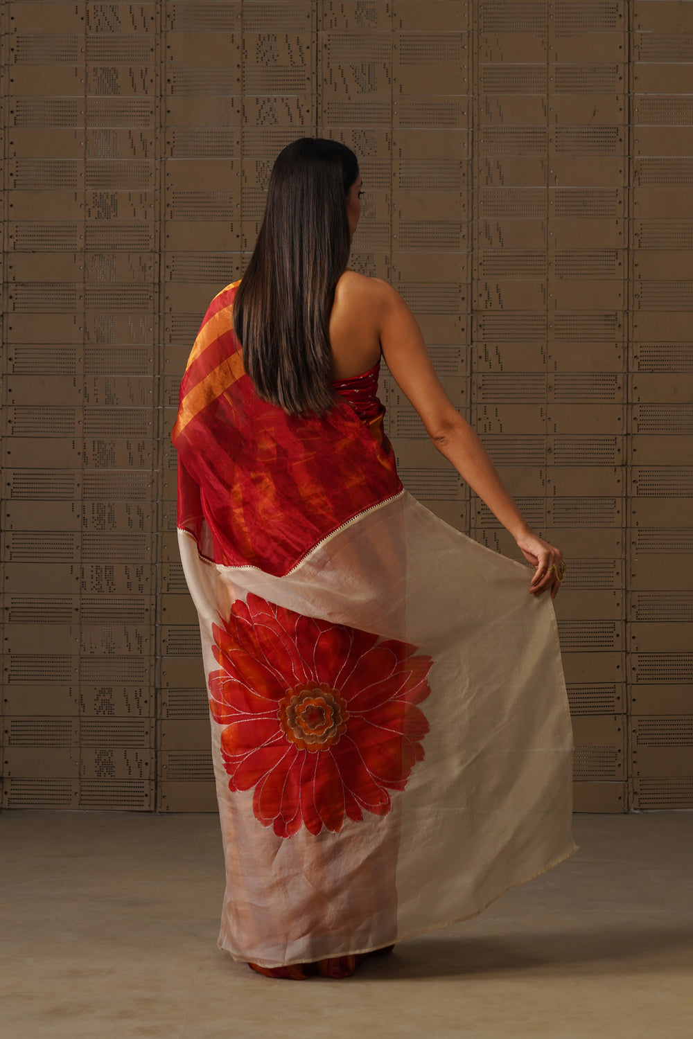 Red Striped Tissue Saree with Floral Organza Pallu