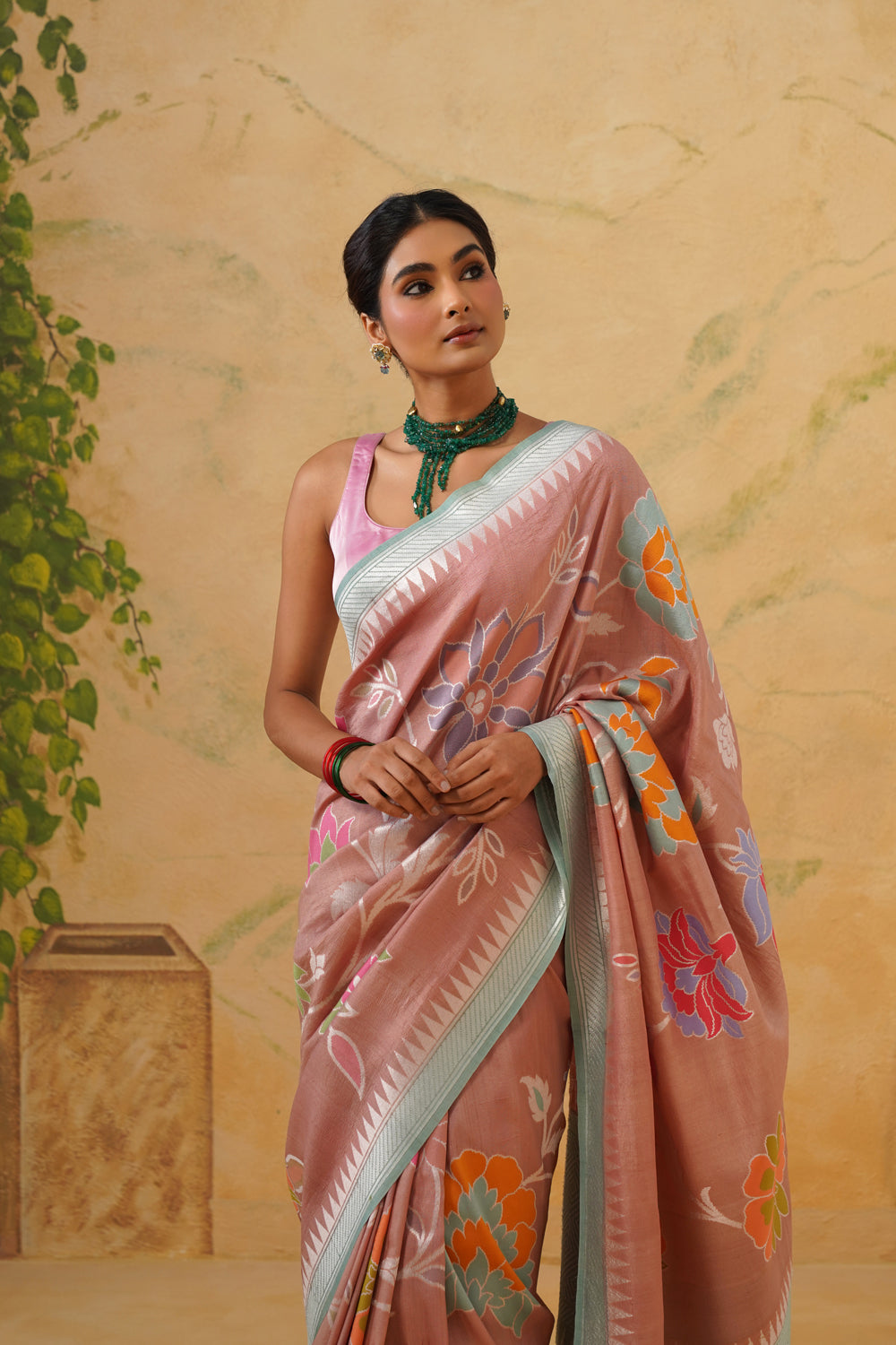 Handwoven Dusty Rose Tussar Khaddi Saree with Floral Jaal