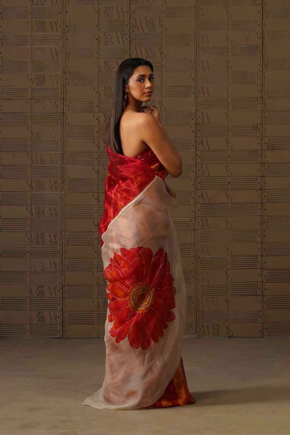 Red Striped Tissue Saree with Floral Organza Pallu