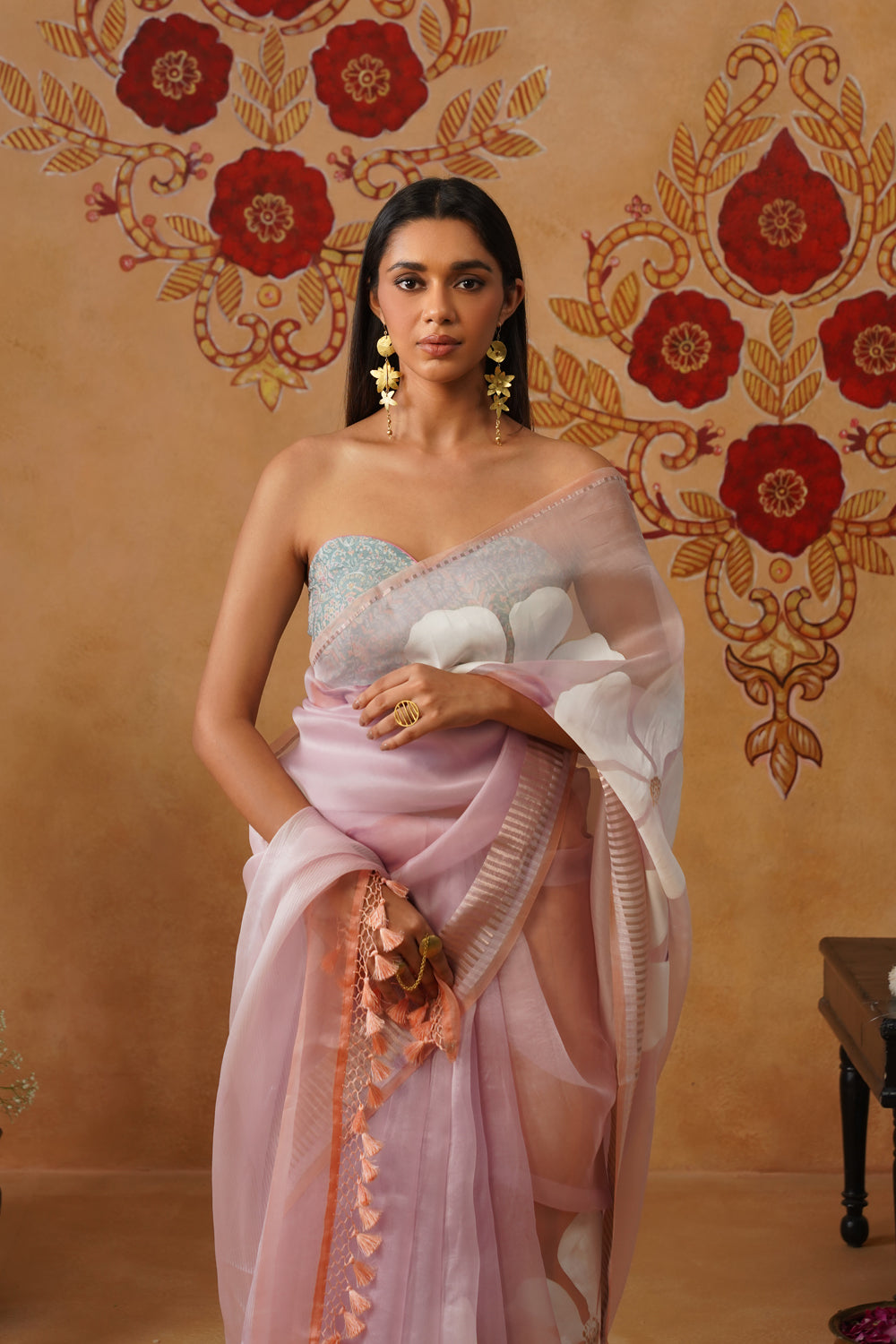 Baby Pink Floral Painted Organza Saree
