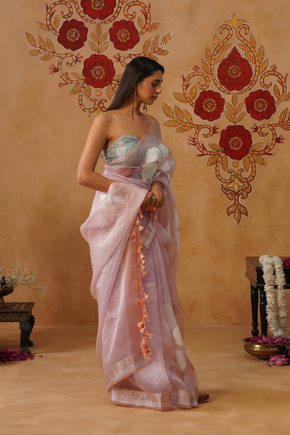 Baby Pink Floral Painted Organza Saree