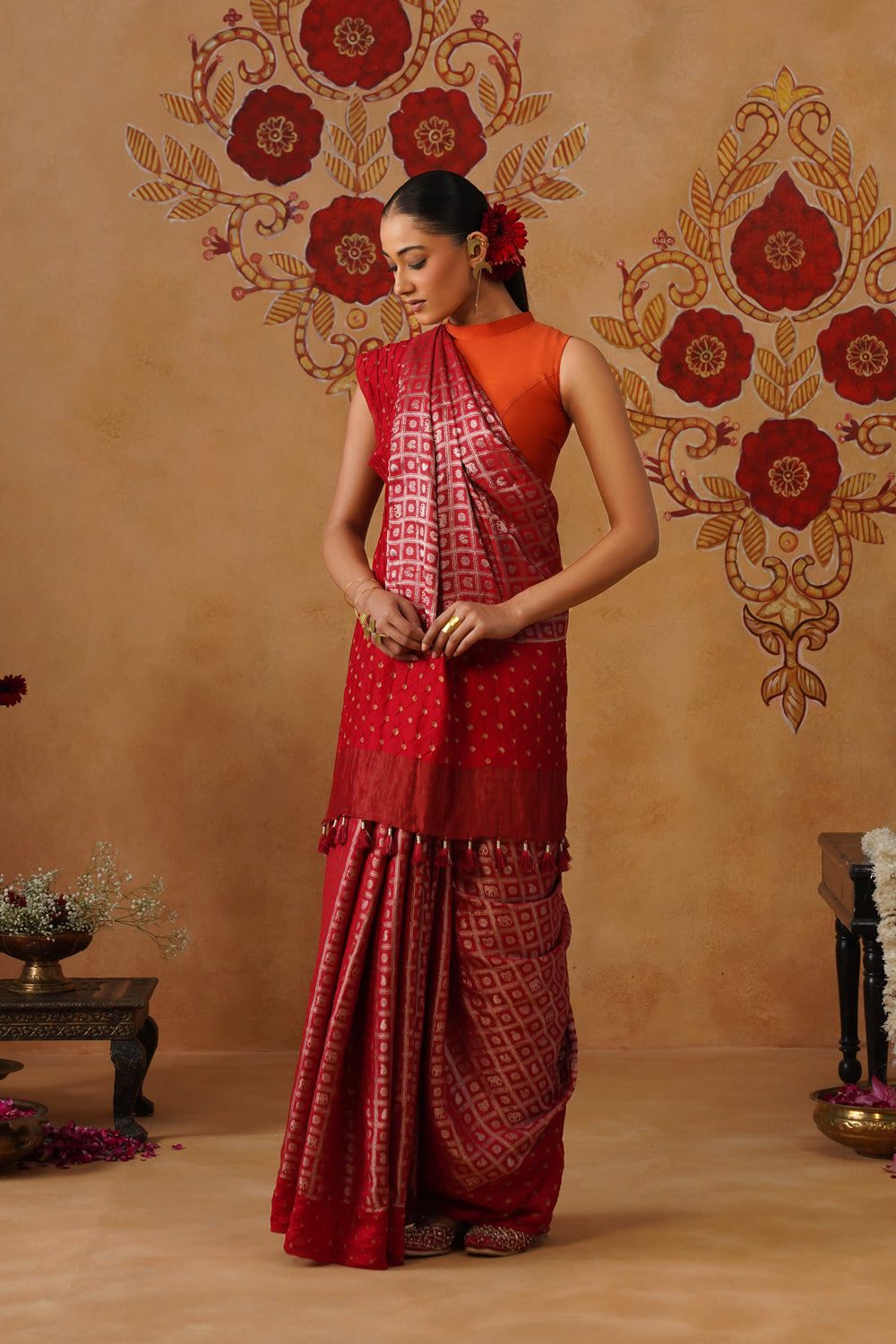 Red Box Shikargah Bandhani Silk Saree