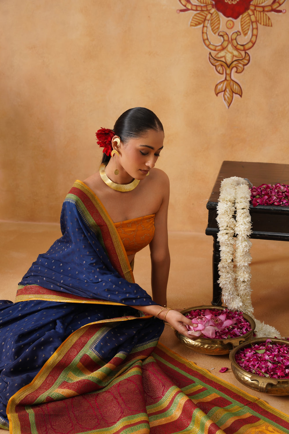 Midnight Blue Hand-Dyed Crepe Silk Banarasi Saree