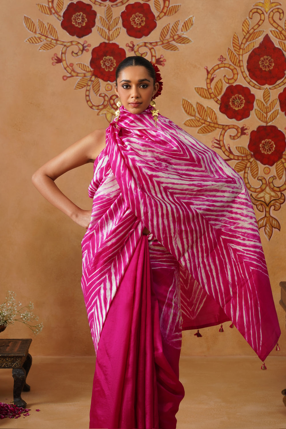 Rani Pink Arashi Dye Half-and-Half Silk Saree