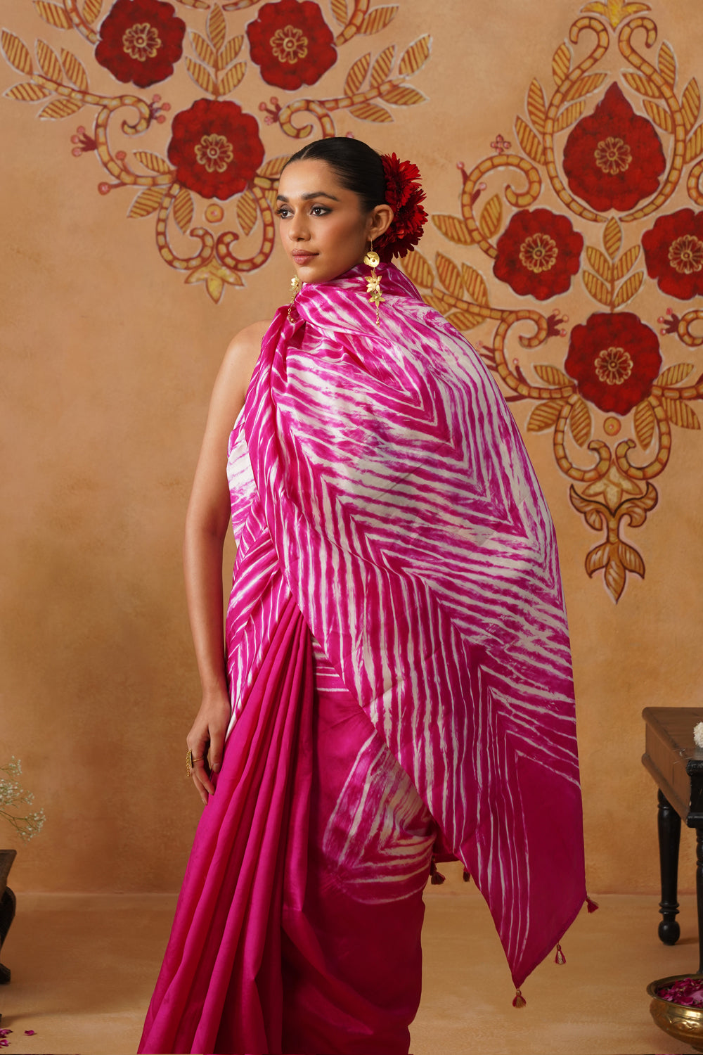 Rani Pink Arashi Dye Half-and-Half Silk Saree