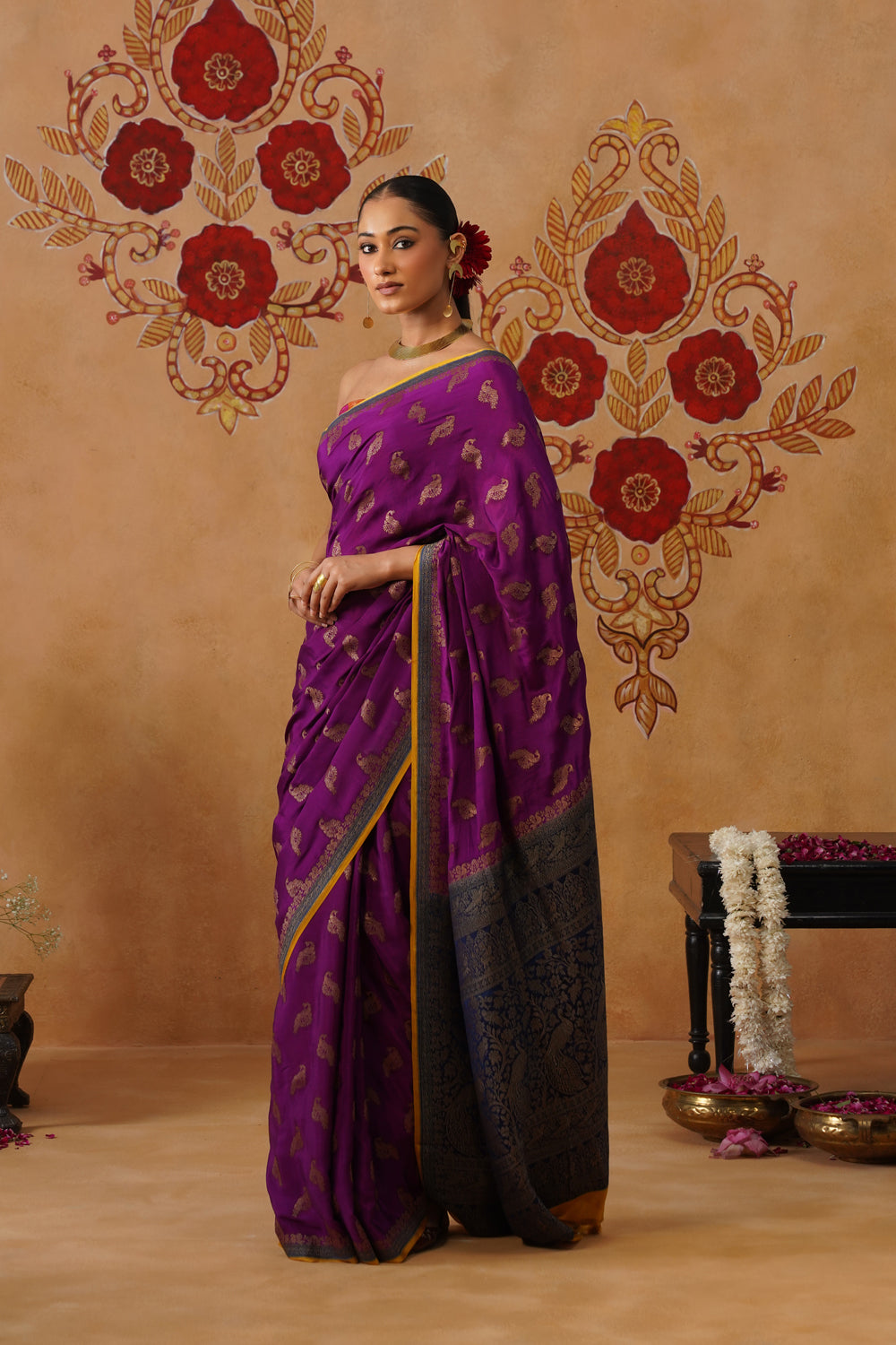 Purple Hand-Dyed Crepe Silk Banarasi Saree