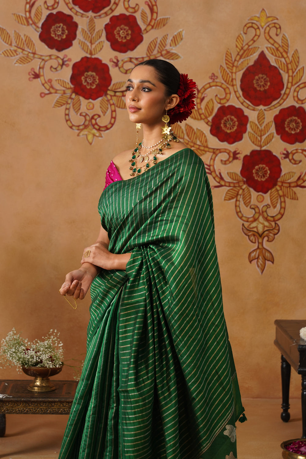 Emerald Green Striped Katan Silk Saree