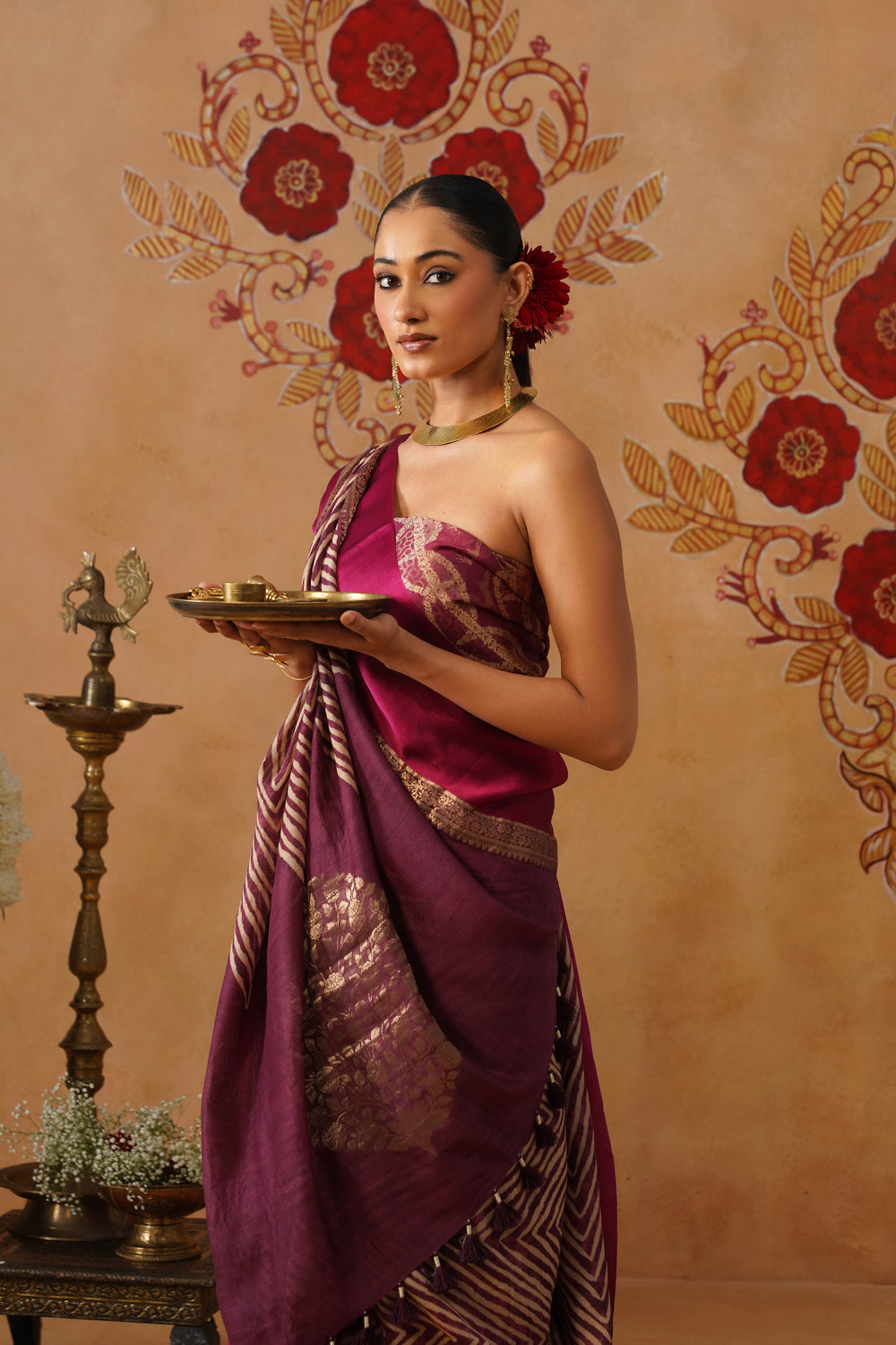 Deep Plum Printed Silk Saree