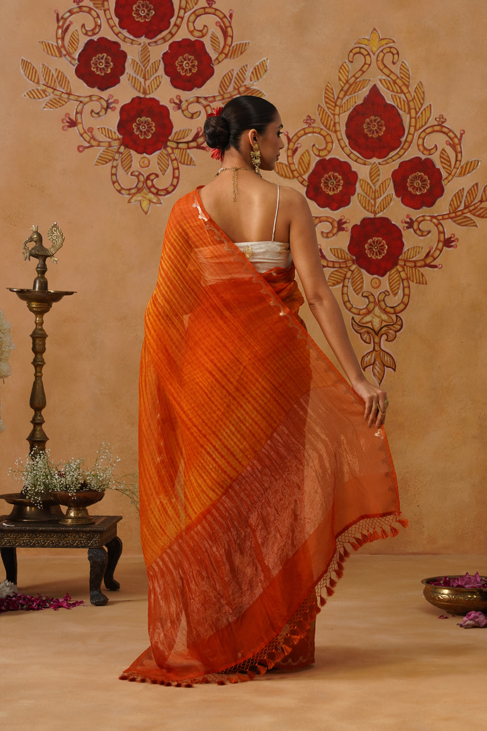 Sunset Orange Leheriya Kora Organza Saree