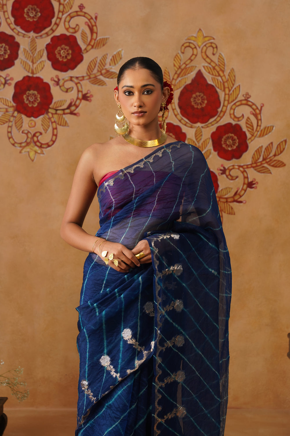 Midnight Blue Leheriya Kora Organza Saree